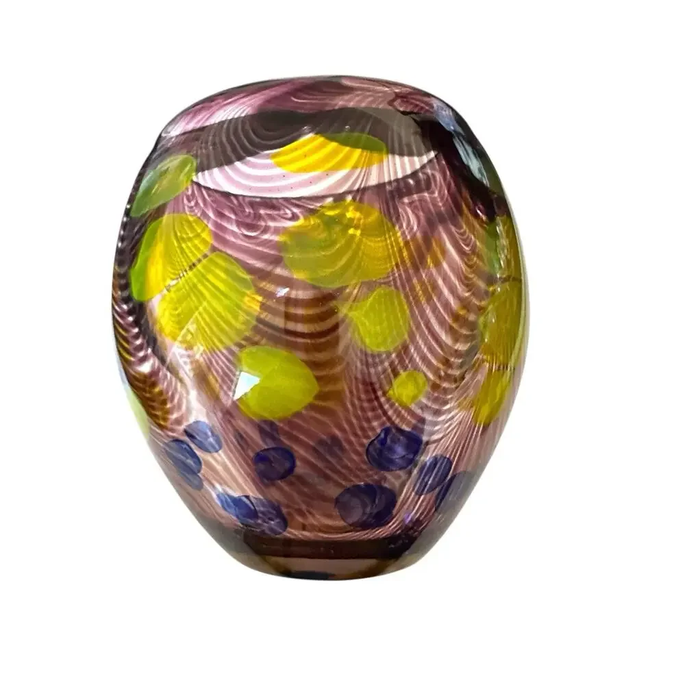 Heavy Handmade Art Glass Vase Green Dots Purple Swirls & Yellow 7.5” x 7”